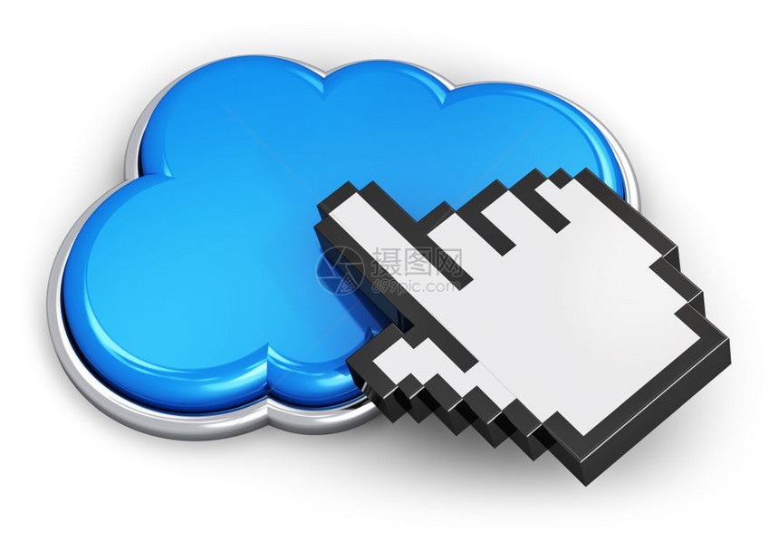 创意云计算和互联网络电信服务概念蓝色彩云图标手链选择计算机鼠标指针白背景孤立图片