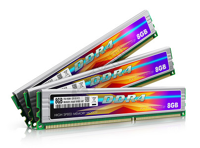 Dimm创意抽象计算机个人电脑技术和电子商务业概念一组DDR4RAM记忆模块其铝制加热inks在白色背景上隔离产生反射效果背景