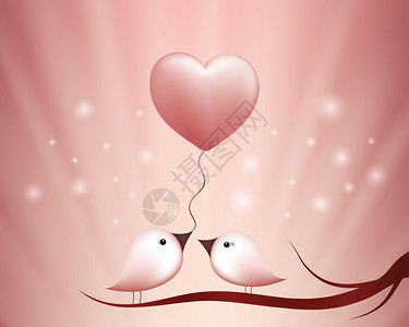 今天情人节粉红背景的心气球可爱鸟儿图片
