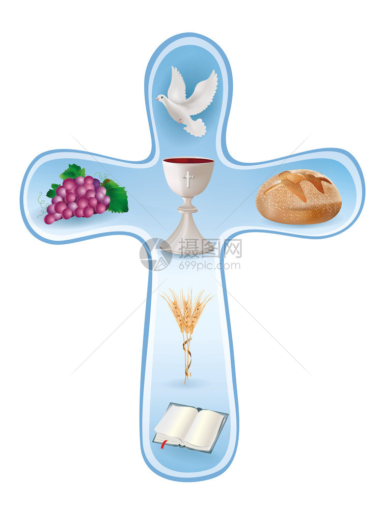 孤立的十字符号白杯葡萄面包圣经鸽子蜡烛蓝底小麦耳朵图片