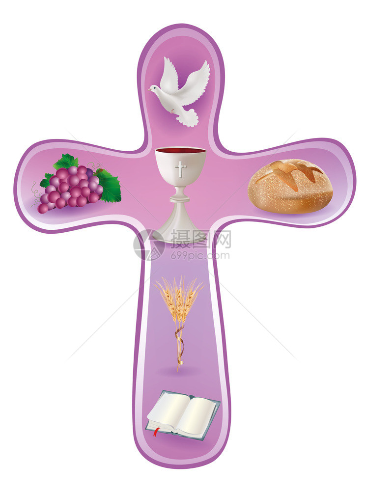 孤立的十字符号白圣杯葡萄面包圣经鸽子蜡烛粉红背景的小麦耳朵图片