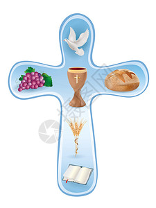 孤立的十字符号木杯葡萄面包圣经鸽子蜡烛蓝底小麦耳朵图片