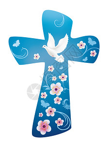 圣经十字架带鸽子的蓝色背景的鲜花和蝴蝶插画