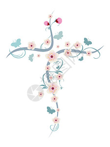 孤立的克里斯蒂安十字与花朵和蝴蝶图片