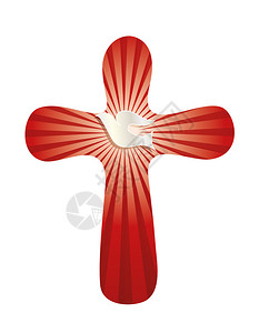 红色十字架符号带有圆形十字与鸽子和红底光线的插画