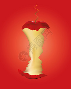天堂苹果原罪概念亚当和夏娃红色背景的苹果和蛇被咬插画