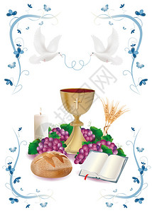 孤立的象征物带有金香杯面包可食小麦蓝色首饰花朵和蝴蝶图片