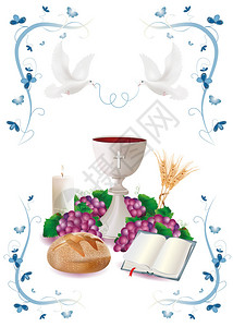 孤立的符号带有白杯饼面包可食小麦蓝色装饰花朵和蝴蝶图片