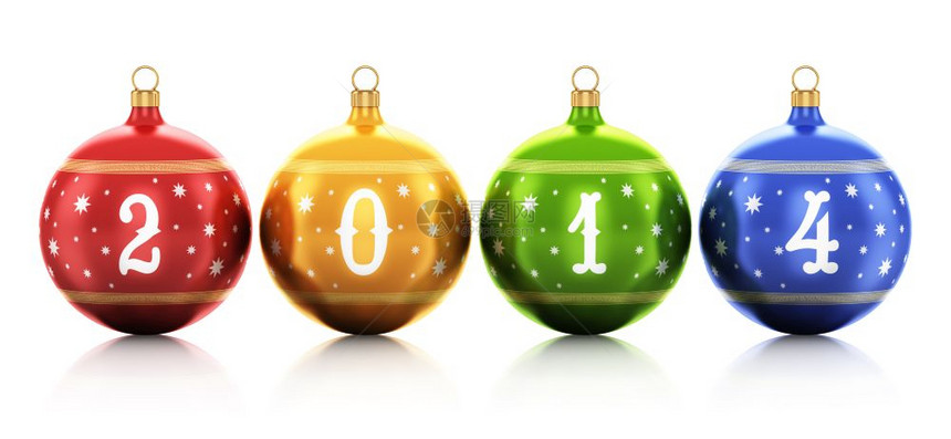 创抽象2014年新和圣诞节庆祝概念彩色闪亮金属玻璃圣诞节球群2014年文本数和彩色明星装饰设计孤立在白色背景上产生反射效果图片