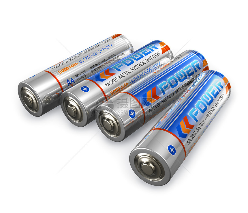 一组四个AA大小电池组在白色背景上隔离图片