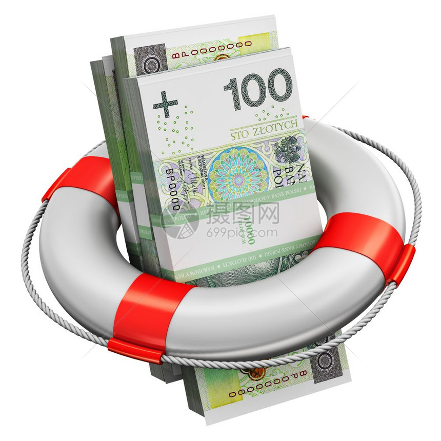 创造抽象银行会计融资投风险金融成功发展和增长概念3D将10波兰兹罗提纸钞捆绑在可充气环救生带或白色背景孤立的浮标上图片
