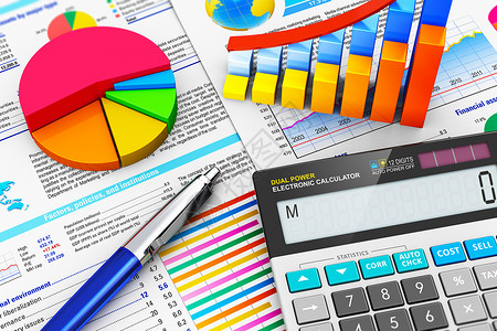 商业金融税务会计统和分析研究概念办公室电子计算器条形图表派和圆点笔的宏观带有选择重点效果的多彩数据财务报告背景图片
