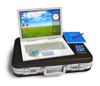 在白色背景上隔离的黑色手提箱上白笔记本电脑智能手机和其他商务物体图片