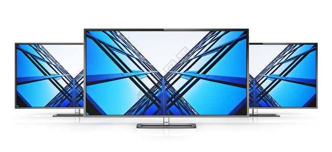 创新的抽象电视子技术商业概念一组现代电视显示屏幕或计算机个人电脑显示器在白色背景上隔离产生反射效果背景图片