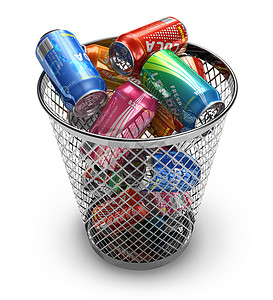 回收利用概念垃圾桶中的饮料罐图片