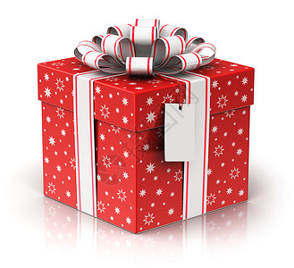 彩色丝带标签创意抽象的圣诞或圣诞节新年或生日传统庆祝概念3D展示红色礼物或装有闪亮彩色金属丝带弓和贴在白色背景上孤立的标签盒子并产生反射效果背景