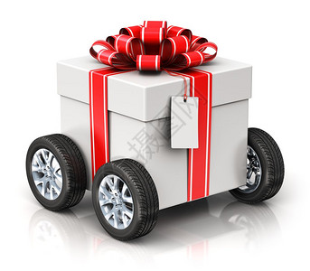 轮胎标签创意抽象的圣诞或圣诞节新年或生日礼物现成的航运物流和交货商业概念3D用汽车轮丝首和标签展示传统庆祝礼品盒将白色背景隔开产生反射效背景