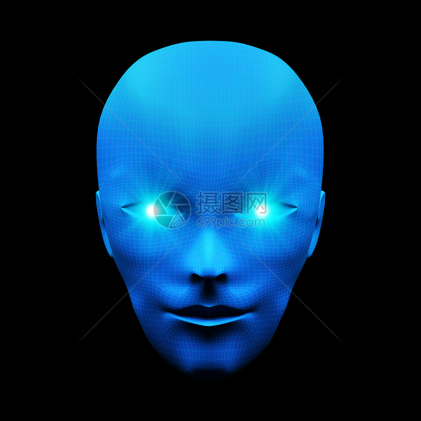 蓝背景的模型数字未来计算机技术概念中的人工智能3D插图图片