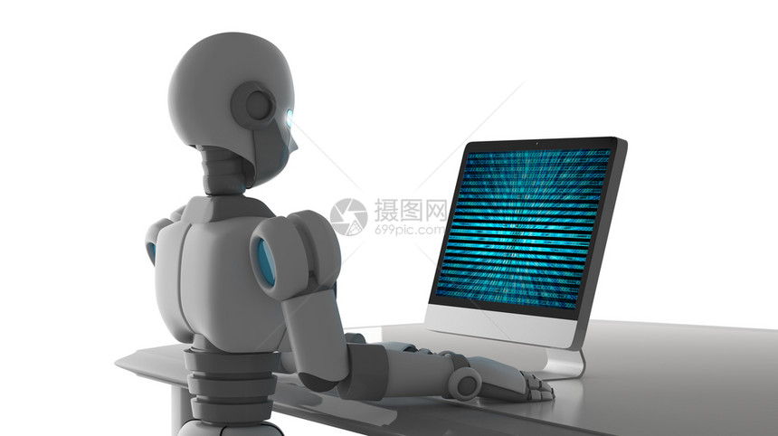 机器人的侧视图使用计算机在白色背景上隔离的二进制数据编号代码屏幕模拟数字据中的人工智能未来技术概念3d插图图片