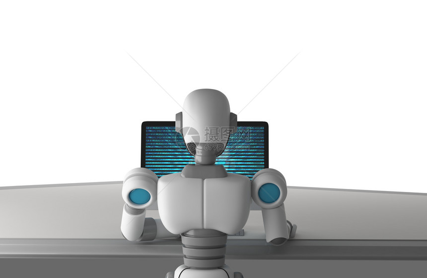 使用计算机的器人背视图使用在白色背景上隔离的二进制数据编号代码屏幕模拟数字据未来技术概念中的人工智能3d插图图片