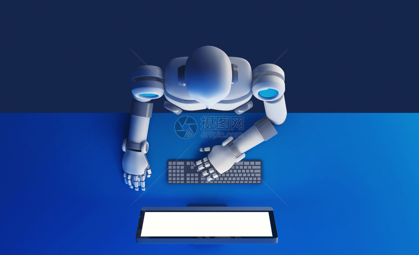 机器人的顶端视图使用计算机显示器以蓝色背景隔离的空白屏幕模拟数字据中的人工智能未来技术概念3d插图图片
