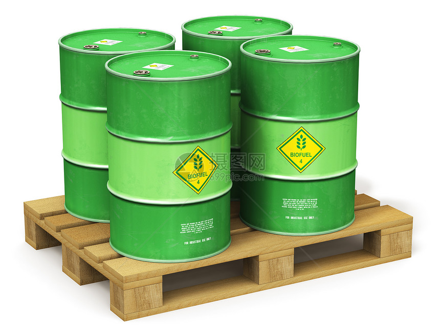 创意抽象生态替代可持续能源和环境保护节约商业概念3D将绿色金属生物燃料桶或木制工业航运托盘上的生物柴油桶放在白色背景孤立的木制工图片