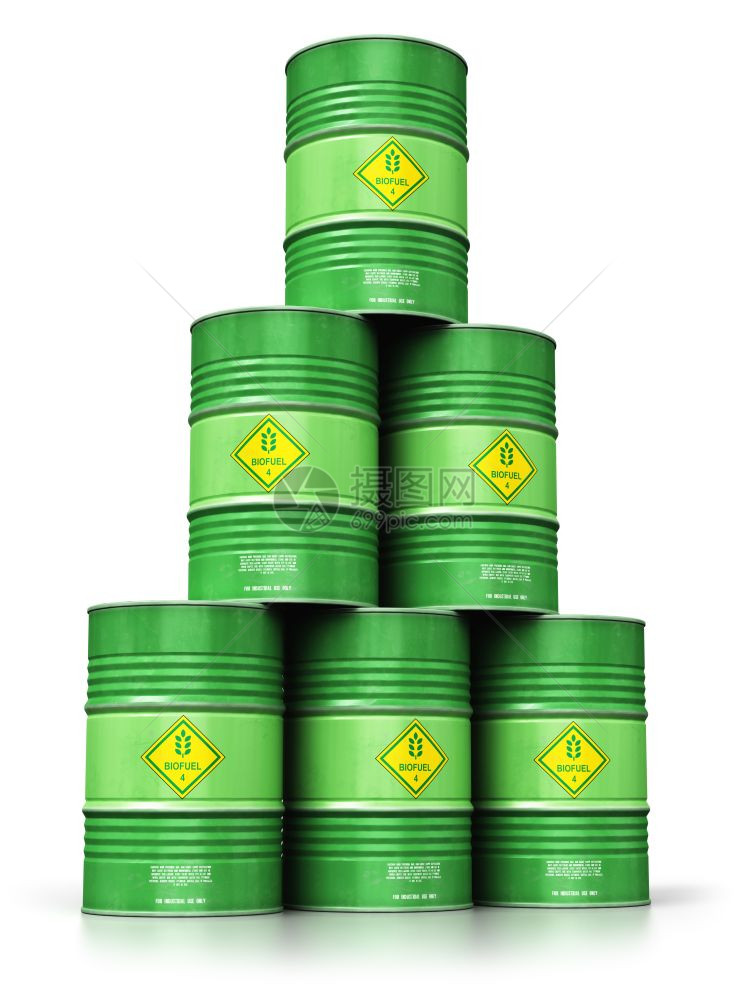 创意抽象生态替代可持续能源和环境保护节约商业概念3D说明一组绿色堆叠金属生物燃料桶或白背景孤立的生物柴油桶并产生反射效果图片