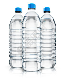 表示水的素材3D表示三瓶塑料组清晰净水碳化与白色背景隔绝反射效果背景