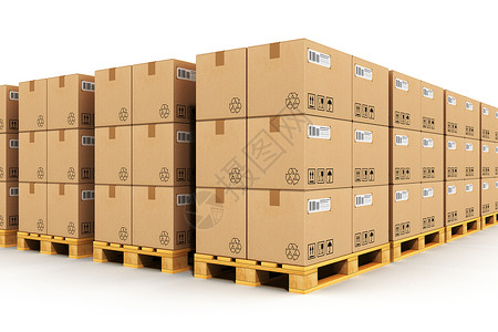 具有创意的抽象装运物流交付和产品分销商业工概念储存仓库一排堆叠的纸板箱在木制运输货盘上装满物白色背景孤立的木制运输货盘上背景图片