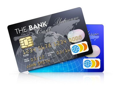 创意抽象电子银行和金融业务概念一套白色背景孤立的塑料信用卡产生反射效果购买高清图片素材