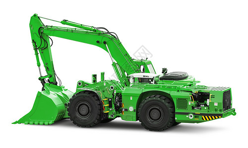 绿色卡车挖掘机创意抽象建筑道路工程和建筑业设备概念白色背景隔离的大型重绿色工业液压车轮挖掘机或推土背景