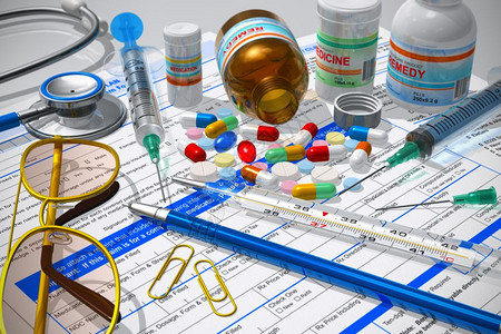 医疗药用概念对处方文件上的药片听诊器注射温度计和其他医疗用品的宏观察图片