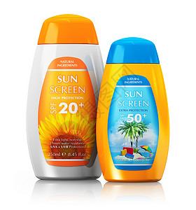 一套橙色太阳皮肤护保化妆品瓶和容器在白色背景上隔离产生反射效果图片