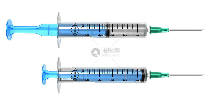 白色隔离的一套医疗注射器图片