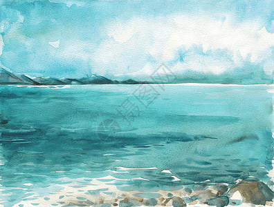 海景面滩美丽的水彩手绘图画海洋水彩图图片