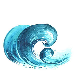 海浪图海浪水彩手画图白色背景上的孤立手画海浪水彩图背景