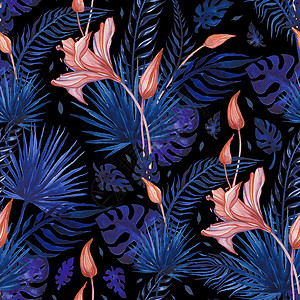 热带花卉摘要朵手画样无缝水彩色插图可用于壁纸网站背景纺织电话案例印刷美丽的热带花朵无缝的图样水彩画异国背景背景图片