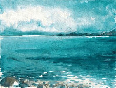 海洋景观美丽的水彩手绘图画海水彩图背景图片