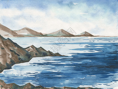 手绘水山海景面滩美丽的水彩手绘图画海洋水彩图背景