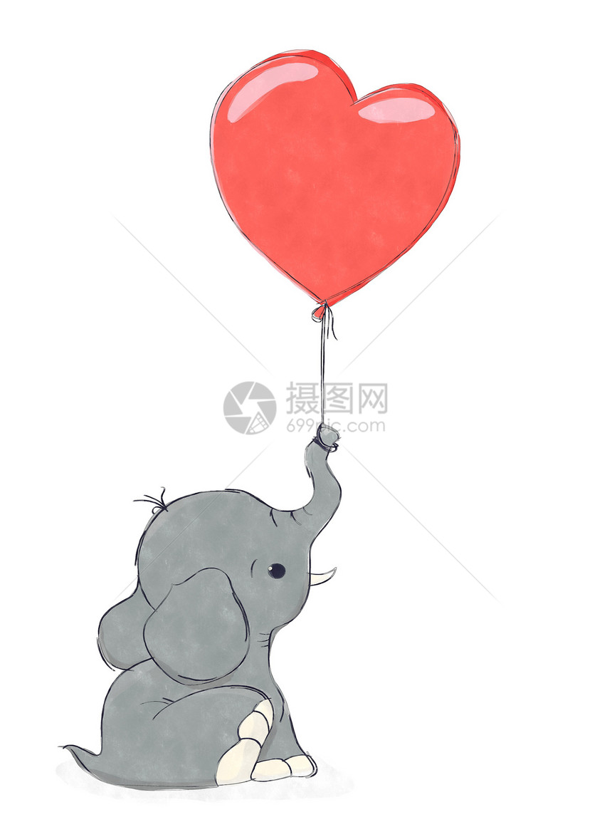 水彩象在白色背景上拿着心形气球图片