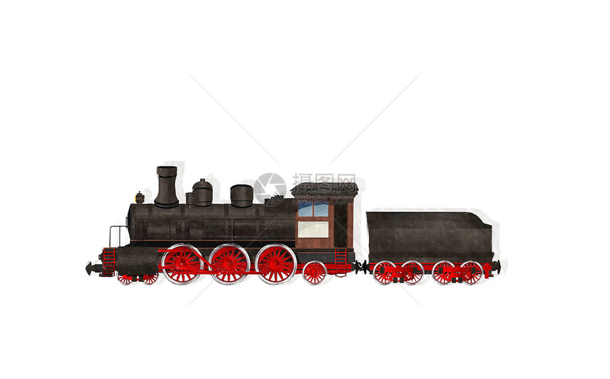 水彩蒸汽机车骑在白色背景上图片