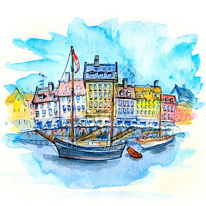 Nyhavn的水彩色草图上面有丹麦首都哥本哈根老城的房子和船多彩外表图片