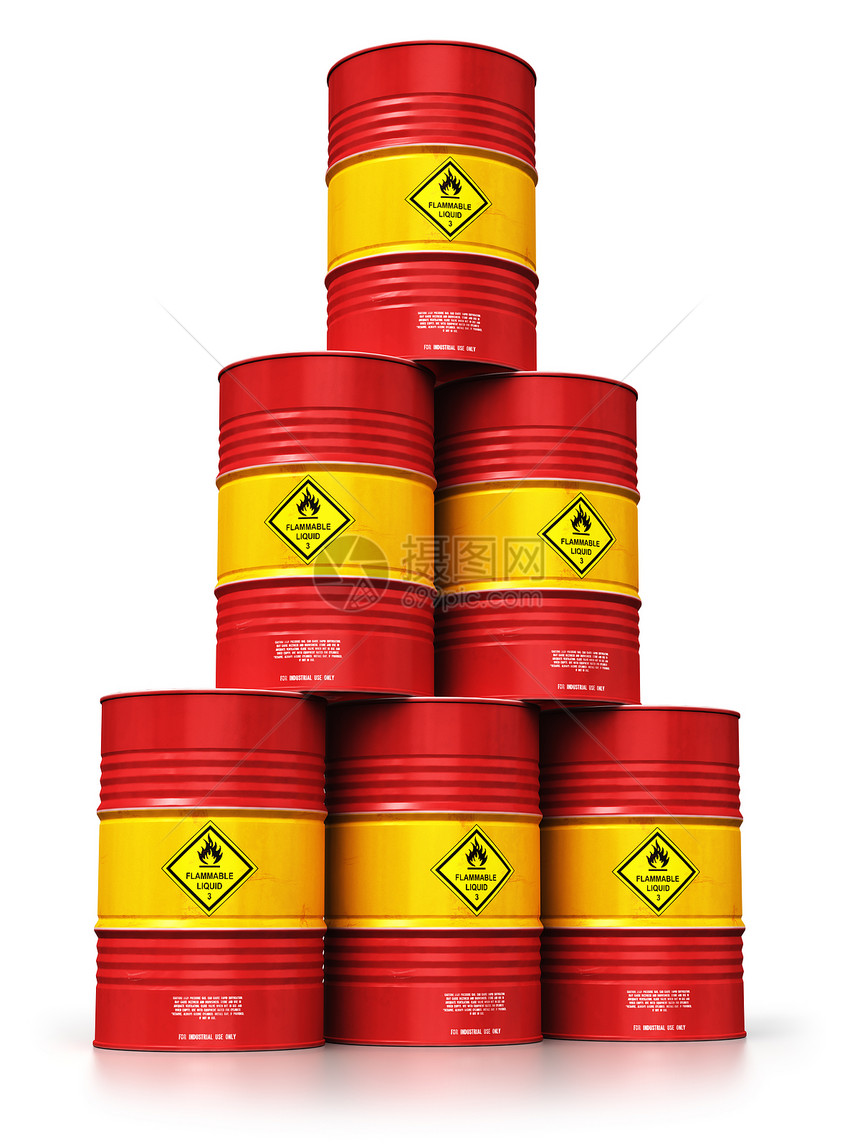 创意抽象石油天然气工业制造和贸易商创意抽象概念3D表示红色堆叠金属油桶或白背景孤立的石油桶图解并产生反射效果图片