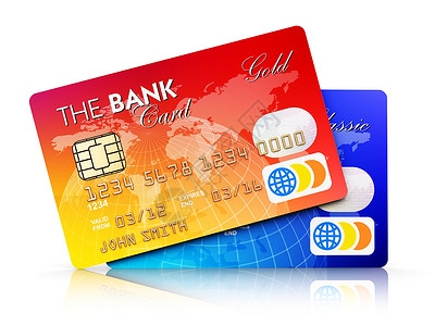 创意抽象电子银行在线购物互联网络会计和资助商业成功融资概念3D为一组白色背景孤立的彩塑料银行信用卡提供实例并产生反射效果购买高清图片素材