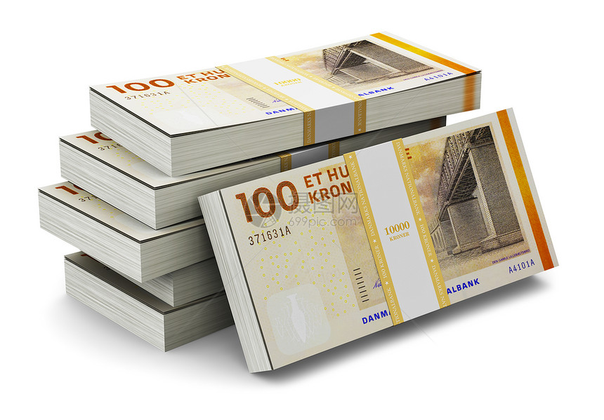 富有创意的抽象银行货币创造和商业成功的金融概念堆10丹麦克朗的钞票这些被白种货币所孤立图片