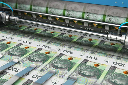商业成功金融银行会计和货币创造概念印刷机品10波兰兹罗提货币纸钞图片