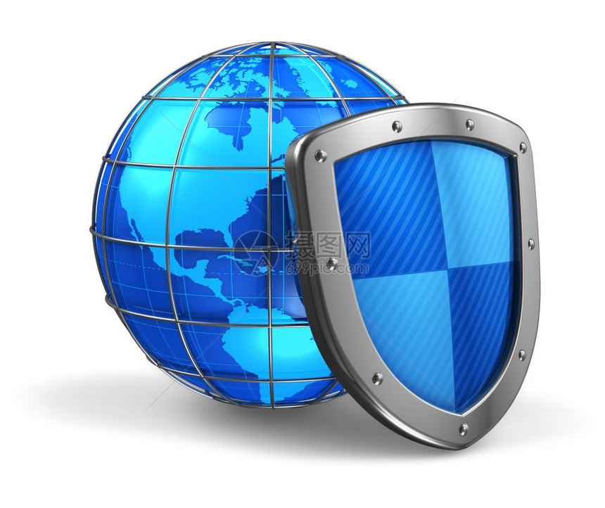 全球和互联网安概念球和互联网安概念被金属保护屏蔽覆盖的蓝色光彩地球白背景的金属保护屏蔽覆盖图片