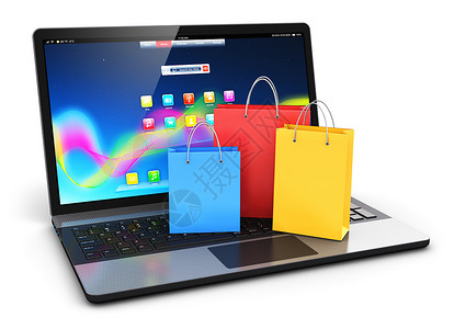 创意抽象商业互联网零售和上购物折扣报价概念3D在现代笔记本电脑或上展示白色背景孤立的彩纸购物袋组合背景