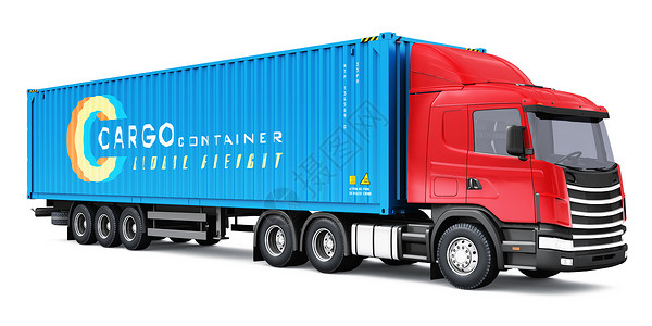 航运物流和货业务商概念3D为白色背景孤立的有蓝色40英尺重货集装箱的黄色半卡车图案背景图片