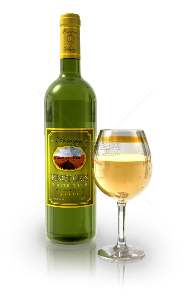 白葡萄酒瓶和全晶杯子在白色反射背景上隔离图片